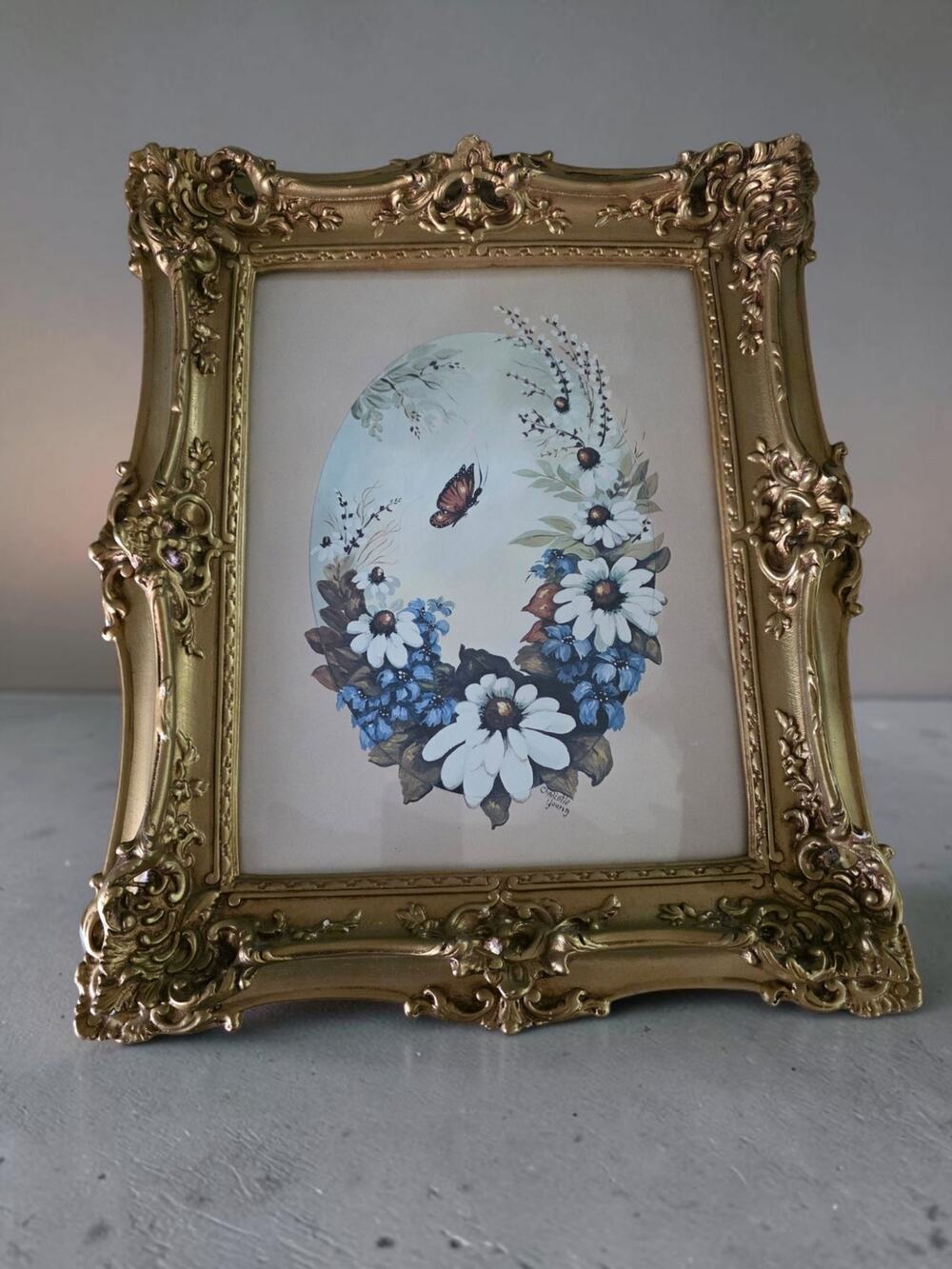 Ornate Gold Wood Picture Frame Charlotte Young Floral Butterfly Print Rococo